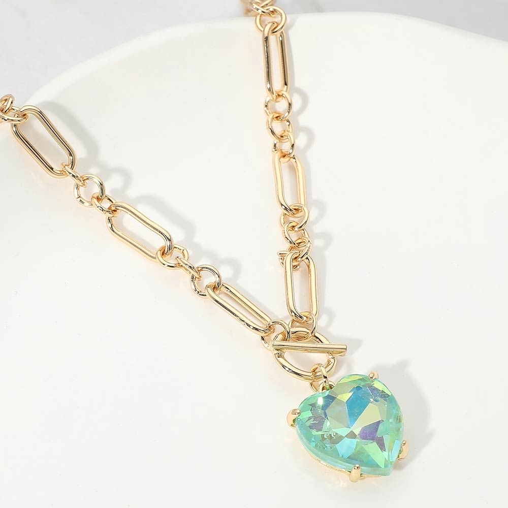 Ab Mint Heart Toggle Paperclip Link Crystal Pendant Necklace Gold Jewelry Chain